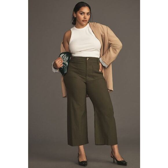 Anthropologie Maeve The Colette Magic Fabric Crop Wide-Leg Pants Green Sz 33 NEW - Picture 1 of 10